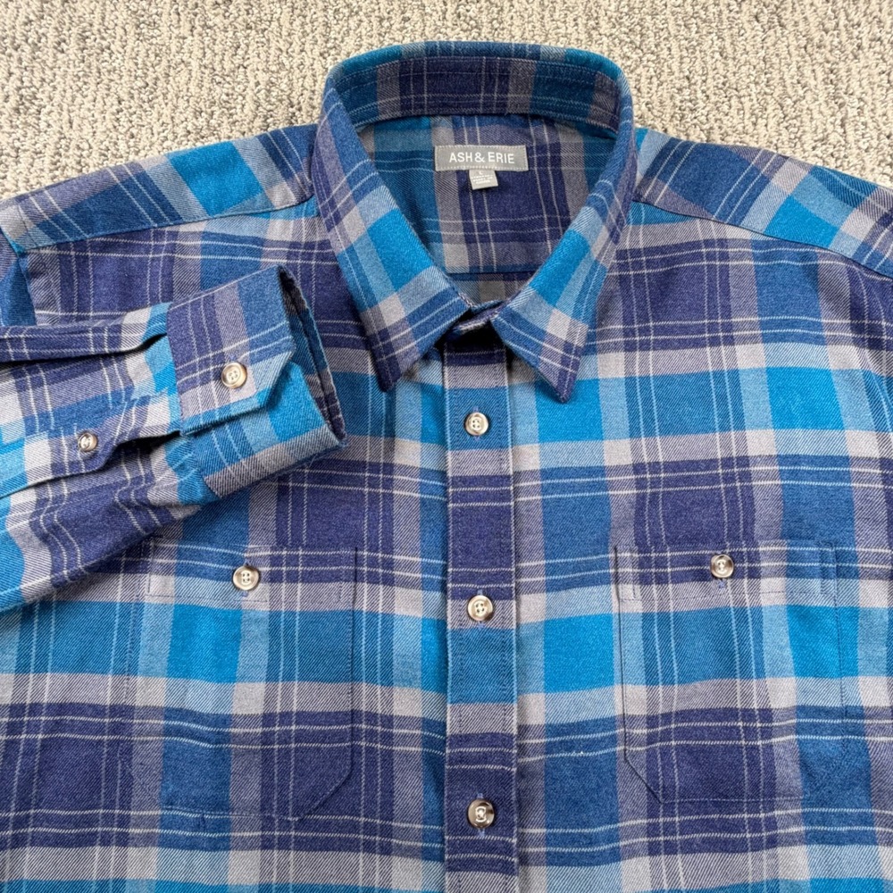 Ash & Erie Flannel Shirt Mens Large Blue Plaid Long Sleeve Button Down Pocket